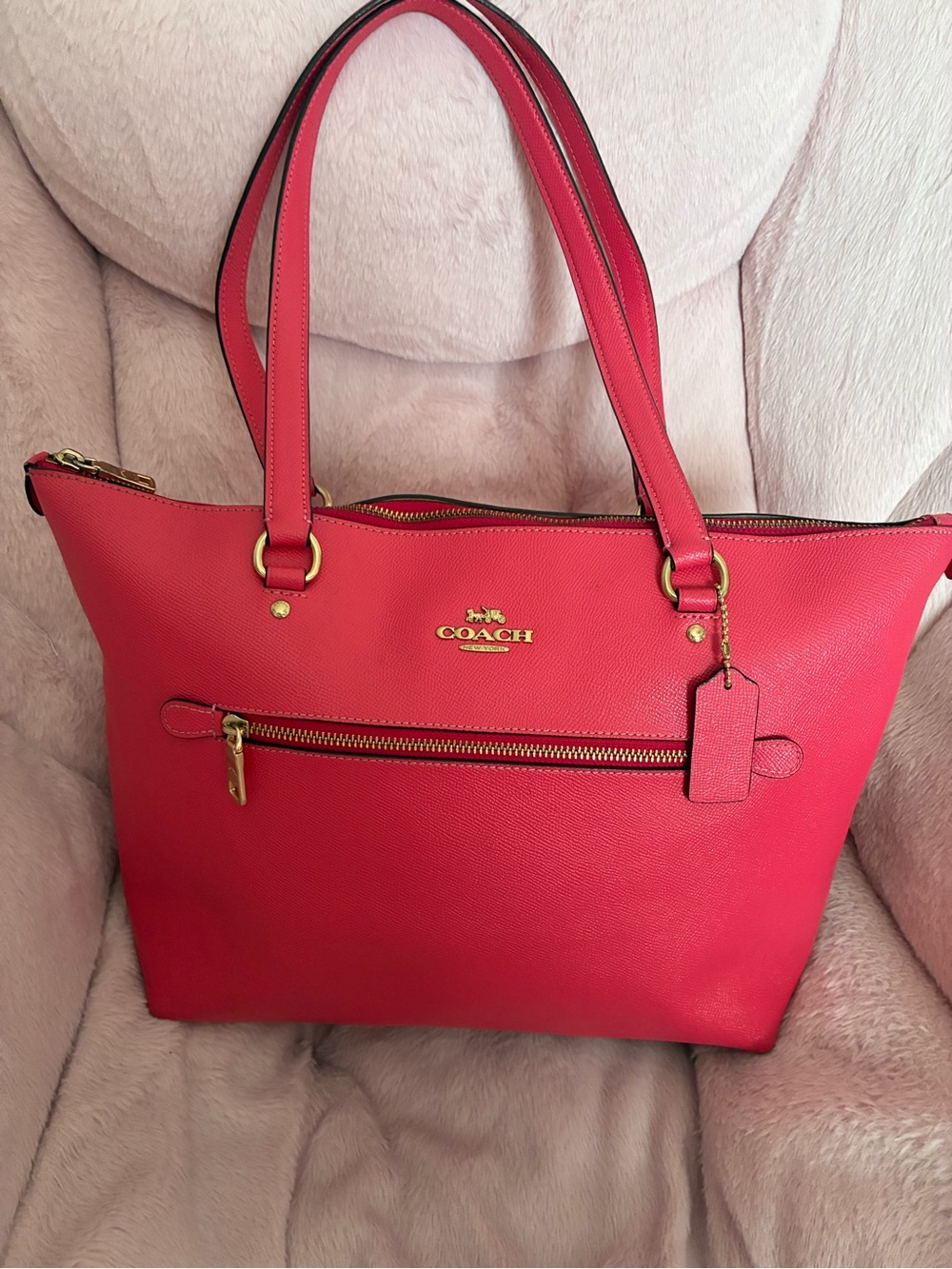 Coach Pink-Red Leather Tote with Gold Hardware